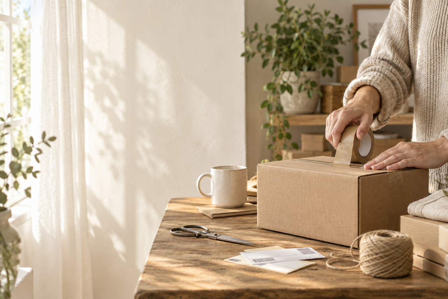Hands preparing a parcel in a sunlit packing workspace