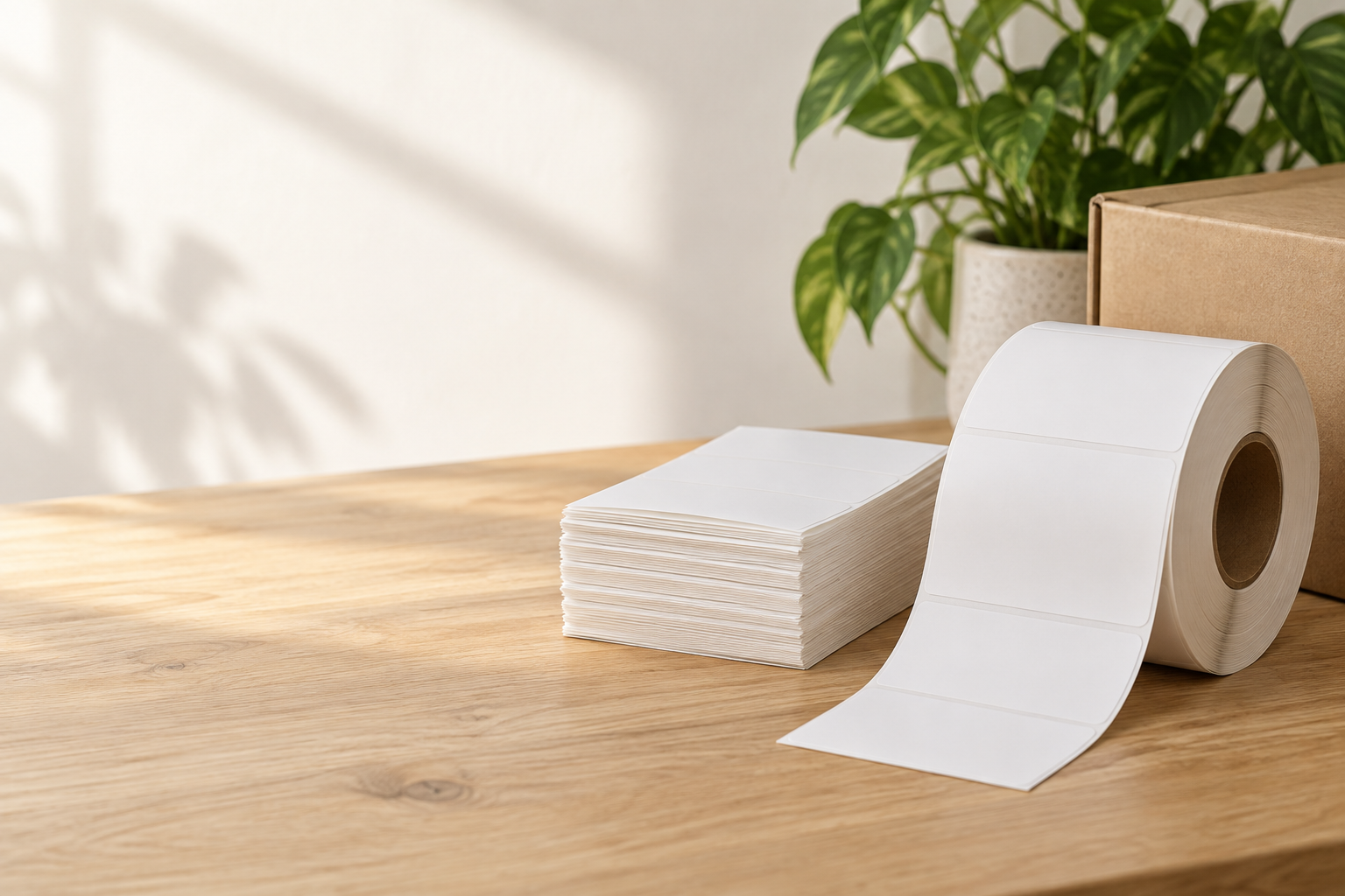 A fanfold stack and a roll of 4×6 shipping labels on a desk