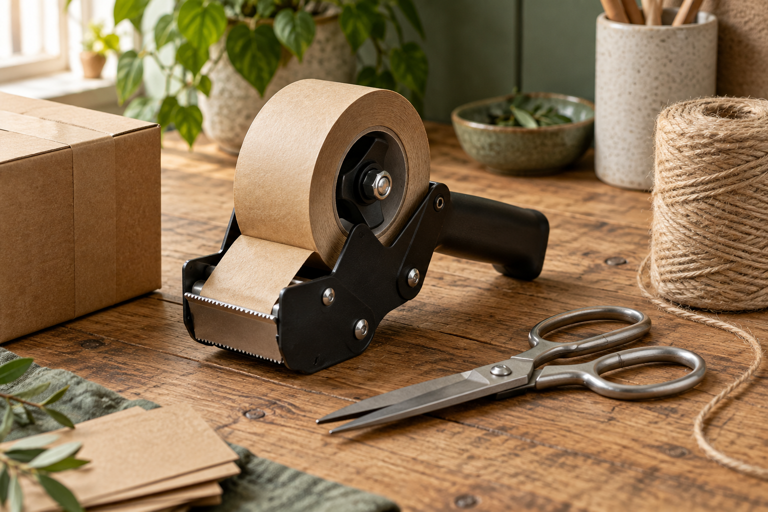 Packing tools arranged on a wooden desk